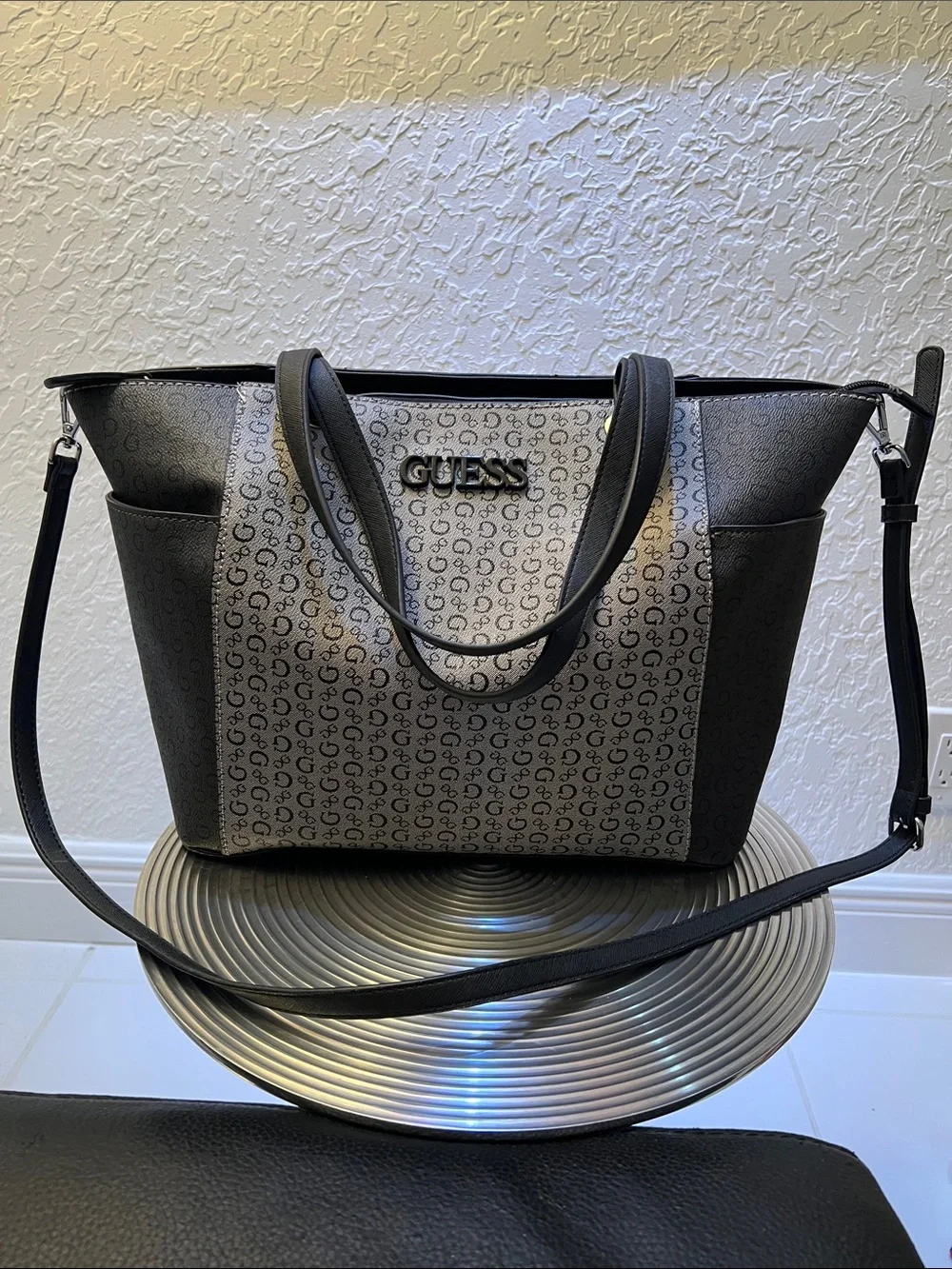 GUESS NWOT XL Black and Gray Monogram Tote with Shoulder Strap